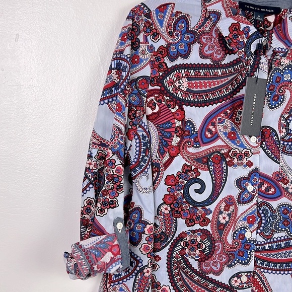 Tommy Hilfiger New Women's M Paisley Print Long Sleeve Roll-up Tab Button Shirt - Picture 6 of 8